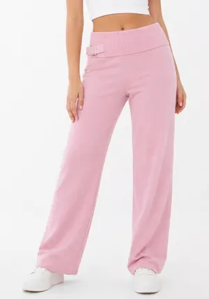 Pink Knit Lounge Pants Ribbed Buckle Waist Straight Leg Y2K Coquette Small thumbnail 1