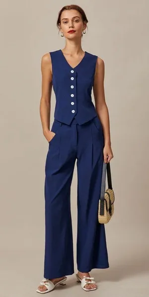 Rihoas Navy High Waisted Pockets Straight Pants thumbnail 2
