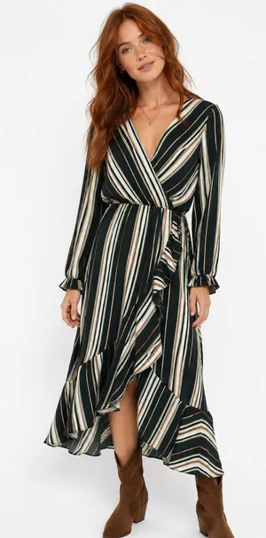 Jodifl Striped Faux Wrap Ruffle Midi Dress Size Medium Green Rust Boho thumbnail 1