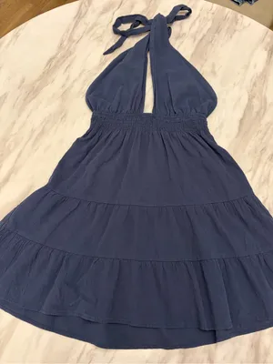 Navy Blue Halter Mini Dress Tiered Smocked Keyhole Backless thumbnail 1