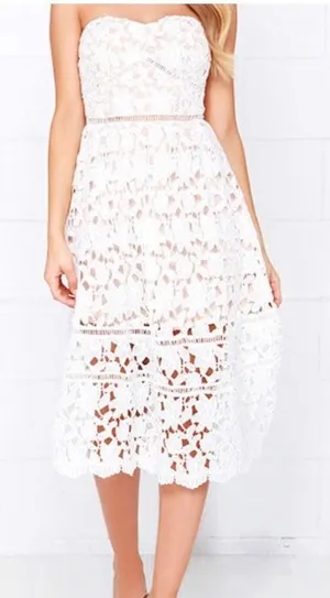 Lulus White Floral Lace Midi Dress Nude Lining Sweetheart JMD4423 Small thumbnail 1
