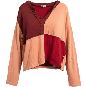 POL Patchwork Thermal Top‎ Womens Medium Red Burgundy Peach Waffle Knit FKT1052A thumbnail 1