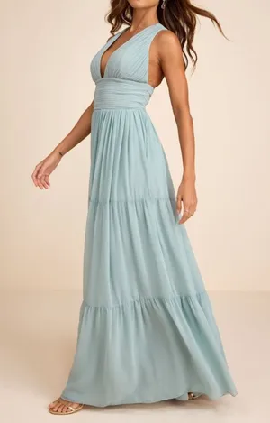 NEW Lulus Leora Light Blue Plunging Chiffon Pleated Tiered Maxi Dress Small thumbnail 1
