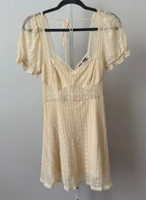 Urban Outfitters sz S‎ Cream Floral Lace Puff Sleeve Mini Dress Cottage Fairy thumbnail 1