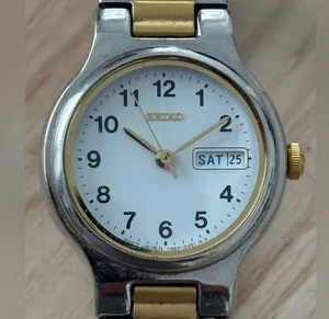 Seiko Two-Tone Ladies Watch White Dial Date Windows Stretch Bracelet New Battery thumbnail 1