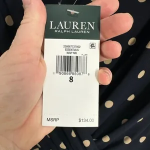 Lauren Ralph Lauren Navy Blue Tan Polka Dot Ruched Sheath Dress‎ Size 8 NWT thumbnail 4