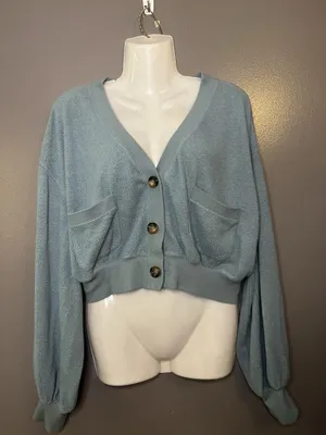 Urban Outfitters Cardigan Sweater Womens Large Green Knit Cropped Pockets thumbnail 2