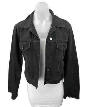 Frame Women's Black Frayed Long Sleeve Button Down Cropped Denim Jacket Size XS thumbnail 1