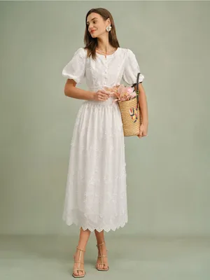 Rihoas White Round Neck Floral Midi Dress thumbnail 5