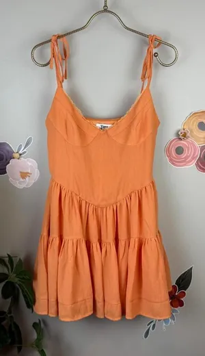 Tiger Mist Orange Bijou Fitted Mini Tie Strap Mini Tiered Dress - Size - Medium thumbnail 1