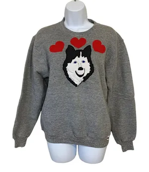 Vintage Russell Athletic Womens Small Sweatshirt Husky Dog‎ Gray 90s USA Hearts thumbnail 1