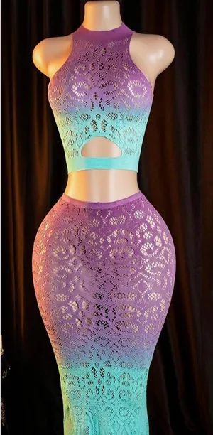 Aqua Blue & Purple Ombré Fishnet Two Piece Lingerie Skirt Set thumbnail 1