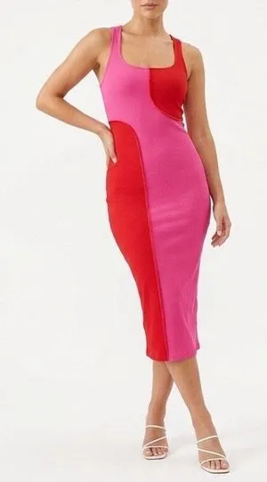 Naked Wardrobe Pink Red Colorblock Ribbed Midi Bodycon Dress M thumbnail 1