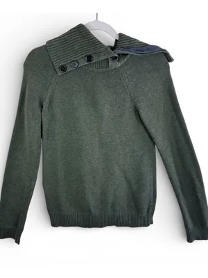 Gap Womens Olive Green Asymmetrical Button Cowl Neck Knit Sweater Cotton Medium thumbnail 1