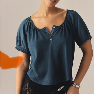 Pilcro by Anthropologie Blue Puff Sleeve Henley thumbnail 12