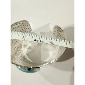 Western boho statement Bracelet Silver Hammered Wide Cuff Oval Turquoise stone thumbnail 4