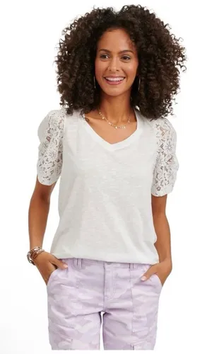 Democracy Women’s Size M White Puff Short Sleeve Lace Top thumbnail 1