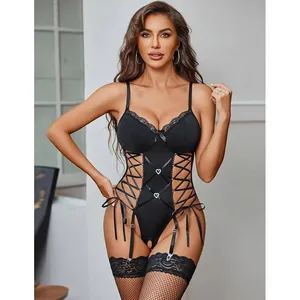 NWT Sexy Lace-Up Cut-Out Teddy Bodysuit Black Garter Heart Rhinestone Size L thumbnail 3