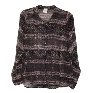 Cabi Large Semi Sheer Button Front Blouse Black Abstract Print Long Sleeve Top thumbnail 6