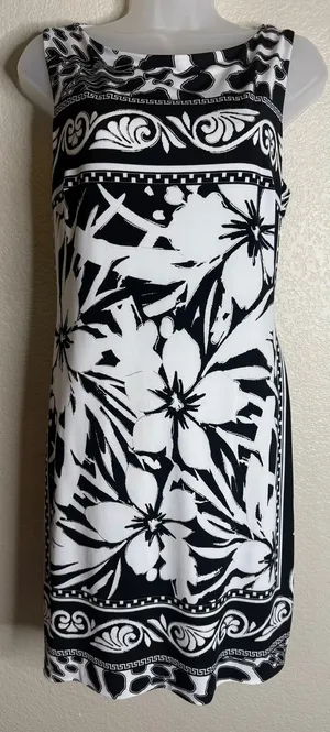 Cache Womens 12 Sheath Dress Black White Floral Scroll Sleeveless Boat Neck Chic thumbnail 1