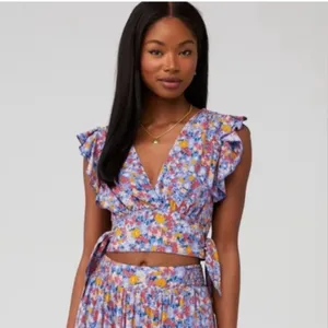 Free People Blue Purple Floral Ruffle Blouse Size Small thumbnail 7