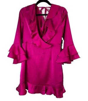 Lulus Fuchsia Pink Satin Ruffle Mini Dress Bell Sleeve Size L NWT Party Dress thumbnail 1