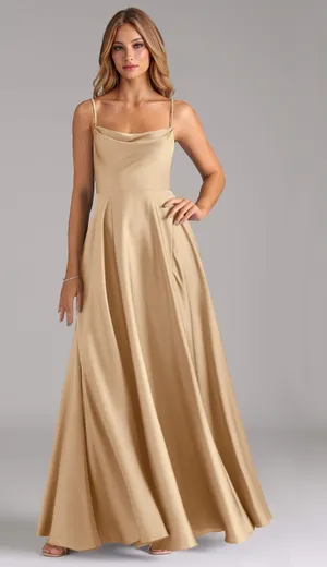 Azazie Elle Stretch Champagne A-Line Pleated Stretch Satin Dress thumbnail 1