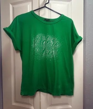 Green Graphic T-Shirt with Rhinestone “Adore You” Print | Short Sleeve Casual Tee thumbnail 1