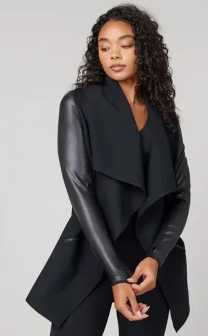 SPANX Point Drape-Front Black Faux Leather Trench Style Coat Blazer Size Small thumbnail 1