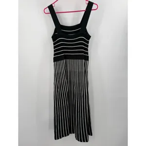 Banana Republic Dress Women's Medium Square Neck Knit Midi Black White Stripe thumbnail 3
