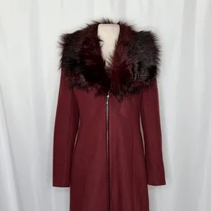 WHBM Burgundy Long Coat Removable Faux Fur Collar White House Black Market XS thumbnail 3
