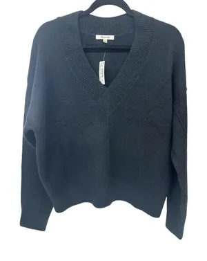 NWT Madewell Calina Deep V-Neck Sweater Black Size Large Merino Wool Long Sleeve thumbnail 1
