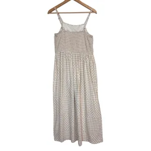 Gingham Midi Dress‎ Womens L Beige White Cotton Linen Blend Boho Cottage Summer thumbnail 8