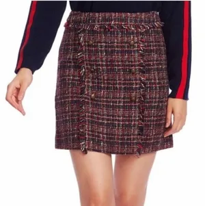Court & Rowe Belle Noel Plaid Mini Skirt in red & blue tweed with brass buttons thumbnail 1