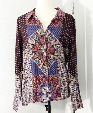 Crosby Large Purple, Red Boho Pattern 70s Button Down Long Sleeve Shirt thumbnail 1