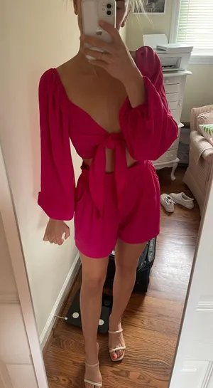 Two Piece Crop Top Shorts Set Pink thumbnail 1