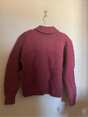 Vintage Chunky Cable-Knit Wool Toggle Sweater Jacket Brick Red NEW Cabincore thumbnail 5