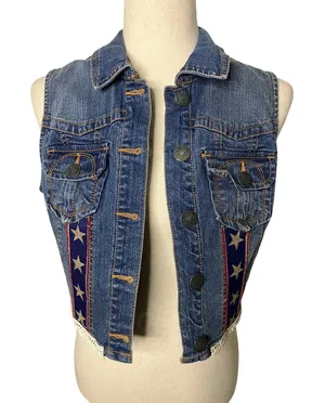 New Look Women’s Medium Denim Vest Star Ribbon Crochet Trim | Size M thumbnail 1