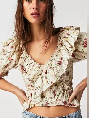 Free People favorite girl ruffle front smocked floral crop top cream medium thumbnail 2