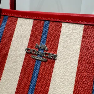 NWT Coach CT824 Small City Tote With Stripe Print Canvas Leather Chalk/Red Multi thumbnail 5
