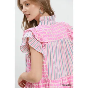 Umgee Mix Patchwork Flutter Sleeve Tiered Dress - Peony Mix - Large thumbnail 5