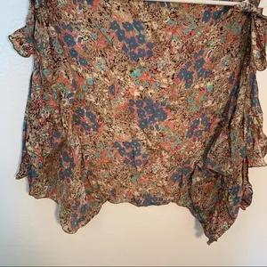 Women's Sleeveless Open Blouse Tie Strap Ruffle‎ Tan Blue Pink Teal Floral thumbnail 4