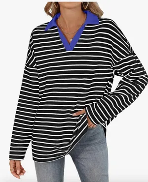Women’s Striped Johnny Collar Long Sleeve T-Shirt Black /white Small thumbnail 1
