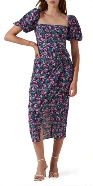 ASTR the Label Teal Purple Floral Puff Sleeve Midi Dress Ruched Slit Prairie thumbnail 1