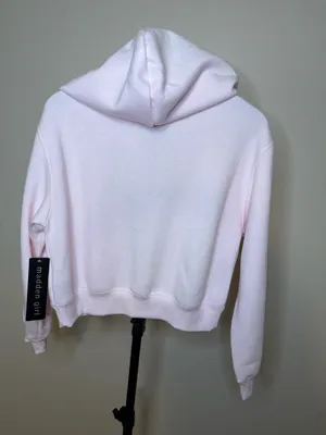 Madden Girl Women's Pink Zip-Up Cropped Hoodie with Floral Detail thumbnail 3