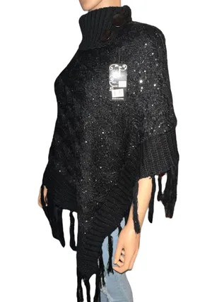 Sequined Fringe Turtleneck Poncho Black thumbnail 4