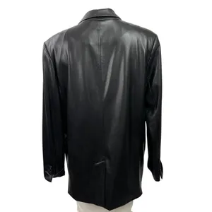 Zara Women Black Faux Leather Vegan Peak Lapel Relaxed Blazer Coat Jacket Size L thumbnail 3