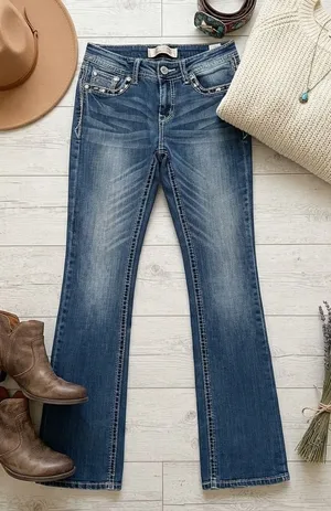 Grace in‎ LA Women Bootcut Jeans Blue Embroidered Rhinestone Wing Pocket Size 26 thumbnail 1