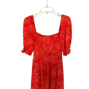 Betsey Johnson Maxi Dress‎ Large Orange Palm Leaf Print Tropical Tiered Smocked thumbnail 3