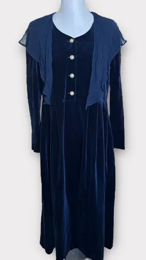 Vintage 80s Laura Ashley Blue Velour Maxi Dress Womens 12 Romantic Cottagecore thumbnail 1